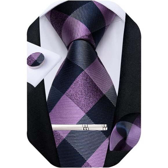 🆕Men Purple Plaid Silk Checkered Necktie Pocket Square Cufflinks Tie Clip Set